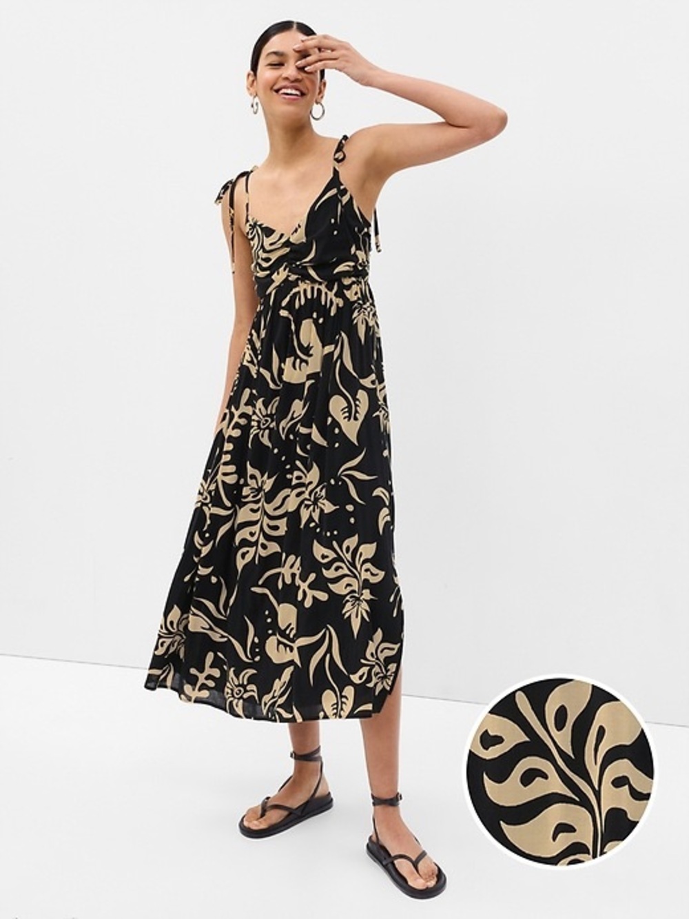 GAP Empire waist midi dress featuring Black and Tan Printed withTie Straps